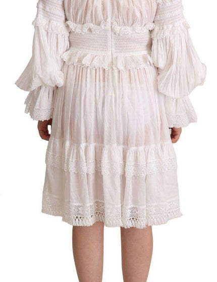 Dolce & Gabbana White Cotton Frilled Mousseline Off Shoulder Dress - Ellie Belle