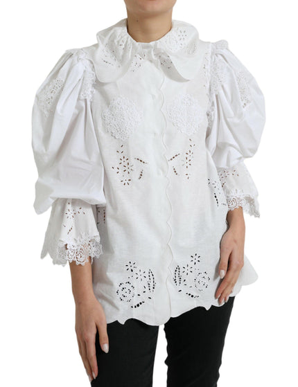 Dolce & Gabbana White Cotton Lace Trim Collared Blouse Top - Ellie Belle
