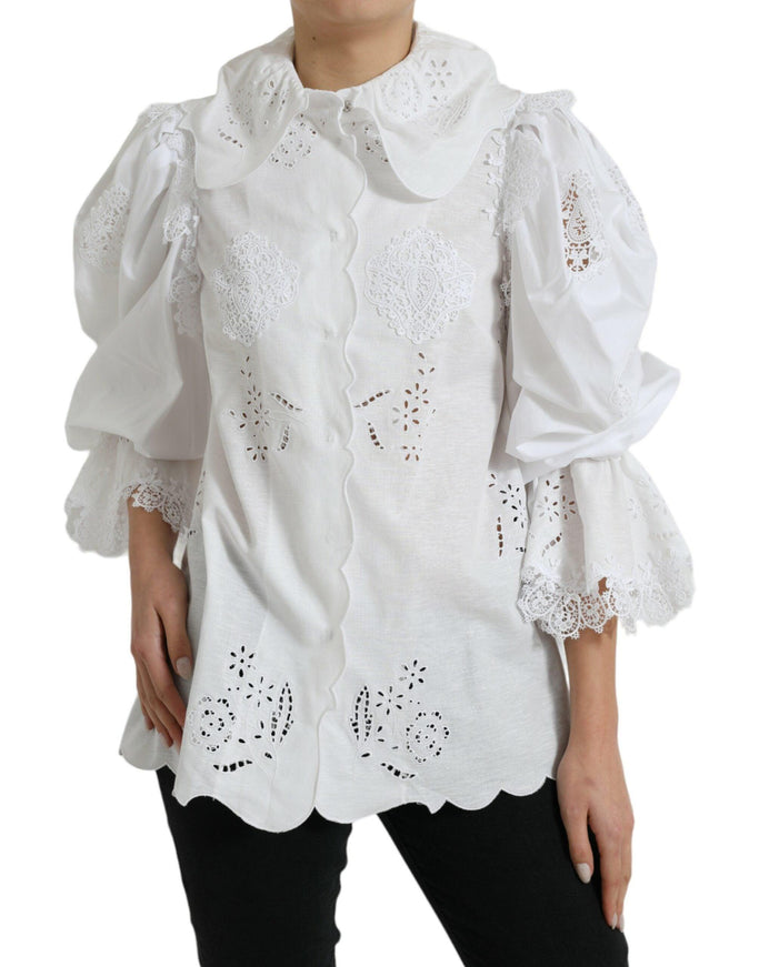 Dolce & Gabbana White Cotton Lace Trim Collared Blouse Top - Ellie Belle