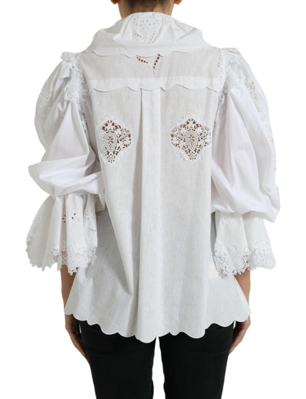 Dolce & Gabbana White Cotton Lace Trim Collared Blouse Top - Ellie Belle