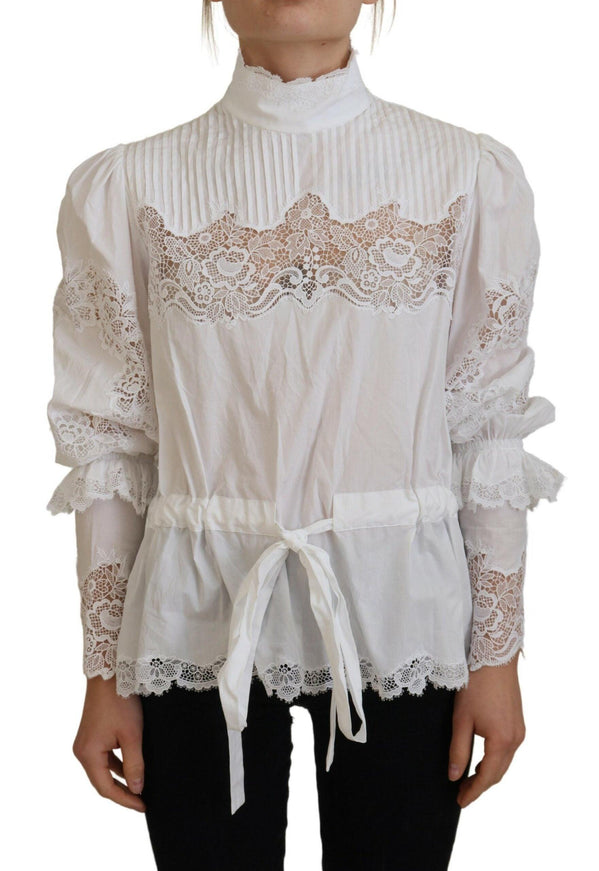 Dolce & Gabbana White Cotton Lace Trim Turtle Neck Blouse Top - Ellie Belle