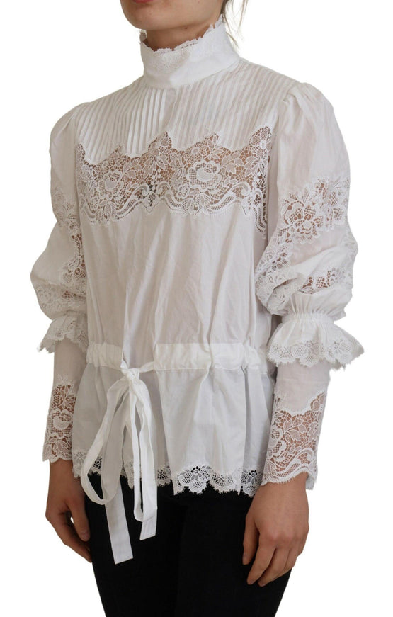 Dolce & Gabbana White Cotton Lace Trim Turtle Neck Blouse Top - Ellie Belle