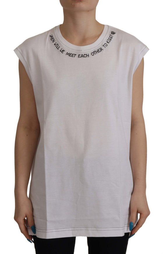 Dolce & Gabbana White Cotton Printed Round Neck Tank Top - Ellie Belle