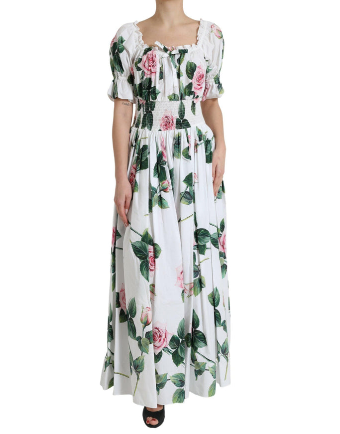 Dolce & Gabbana White Cotton Rose A-line Pleated Long Dress - Ellie Belle