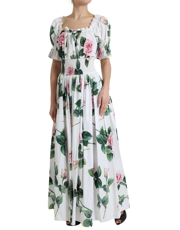 Dolce & Gabbana White Cotton Rose A-line Pleated Long Dress - Ellie Belle