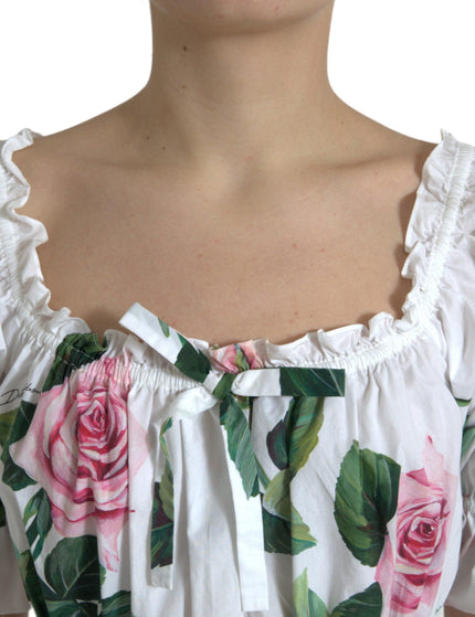 Dolce & Gabbana White Cotton Rose A-line Pleated Long Dress - Ellie Belle