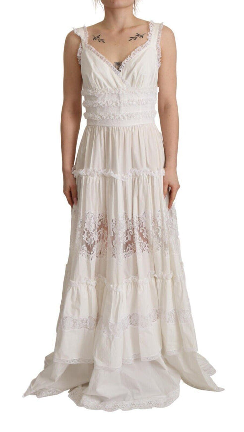 Dolce & Gabbana White Cotton Tiered Long Maxi A-line Dress - Ellie Belle