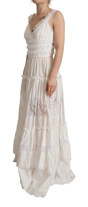 Dolce & Gabbana White Cotton Tiered Long Maxi A-line Dress - Ellie Belle