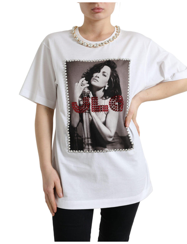 Dolce & Gabbana White Crystal Neckline Print Tee T-shirt - Ellie Belle