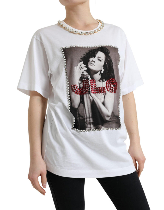 Dolce & Gabbana White Crystal Neckline Print Tee T-shirt - Ellie Belle