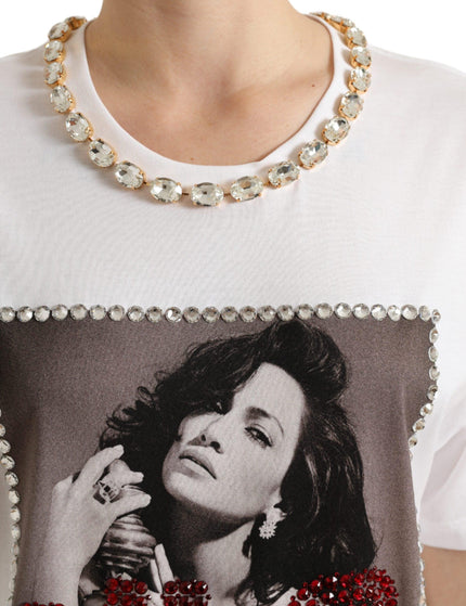 Dolce & Gabbana White Crystal Neckline Print Tee T-shirt - Ellie Belle