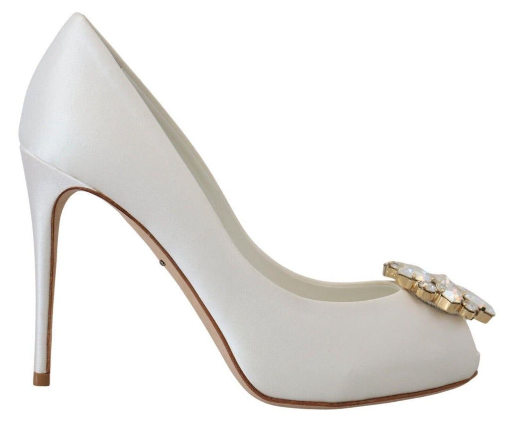 Dolce & Gabbana White Crystals Peep Toe Heel Satin Pumps - Ellie Belle