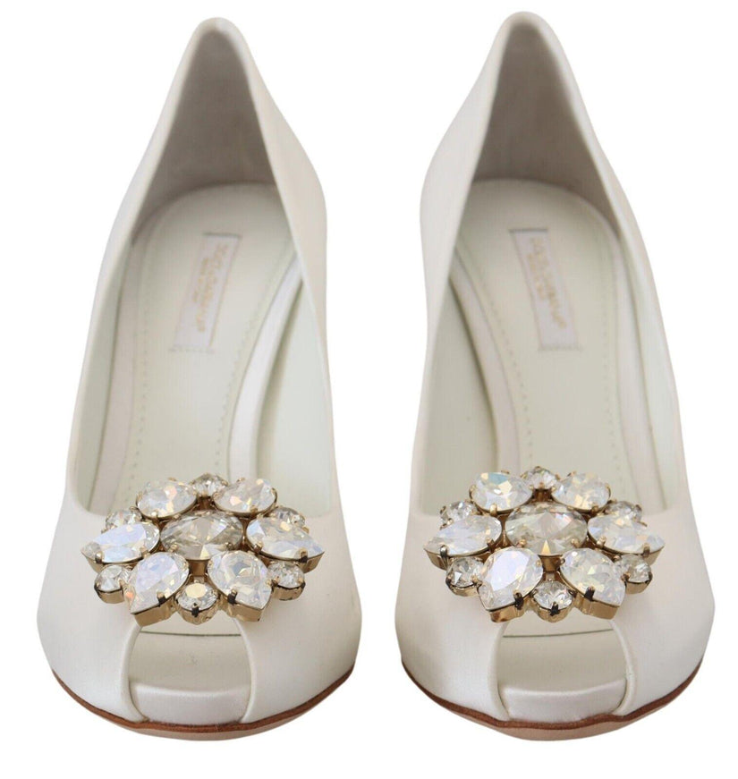 Dolce & Gabbana White Crystals Peep Toe Heel Satin Pumps - Ellie Belle