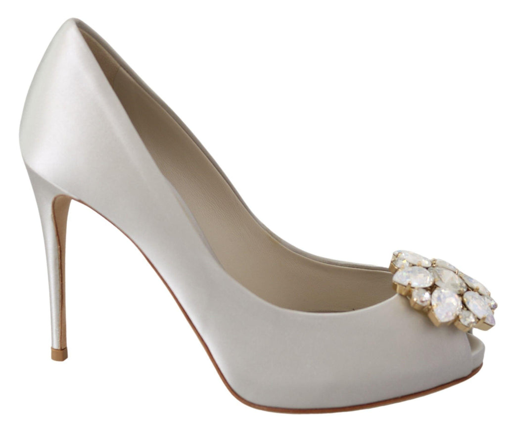 Dolce & Gabbana White Crystals Peep Toe Heels Satin Pumps Shoes - Ellie Belle