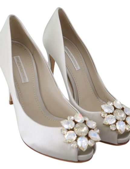 Dolce & Gabbana White Crystals Peep Toe Heels Satin Pumps Shoes - Ellie Belle
