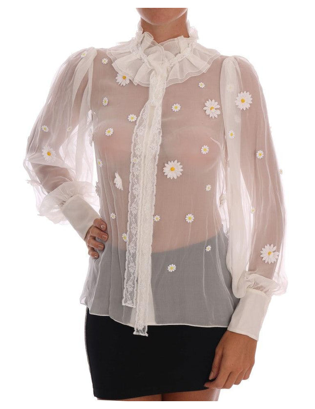 Dolce & Gabbana White Daisy Applique Silk Shirt - Ellie Belle