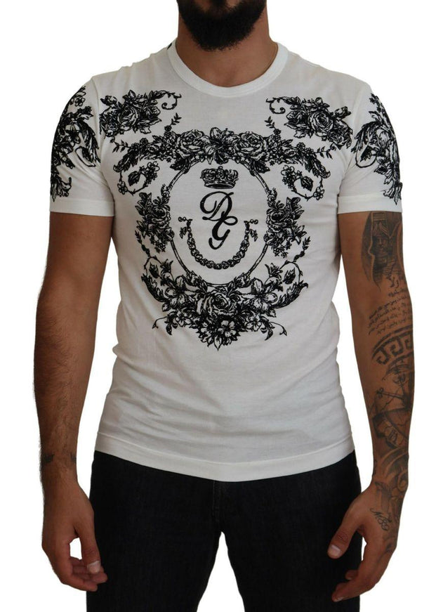 Dolce & Gabbana White DG Crown Floral Crewneck Men T-shirt - Ellie Belle