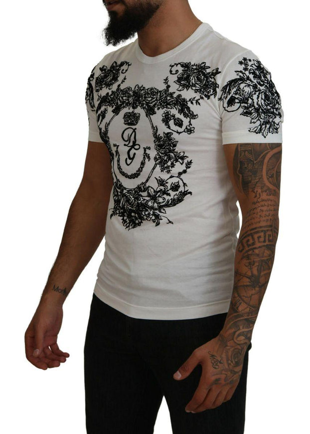 Dolce & Gabbana White DG Crown Floral Crewneck Men T-shirt - Ellie Belle