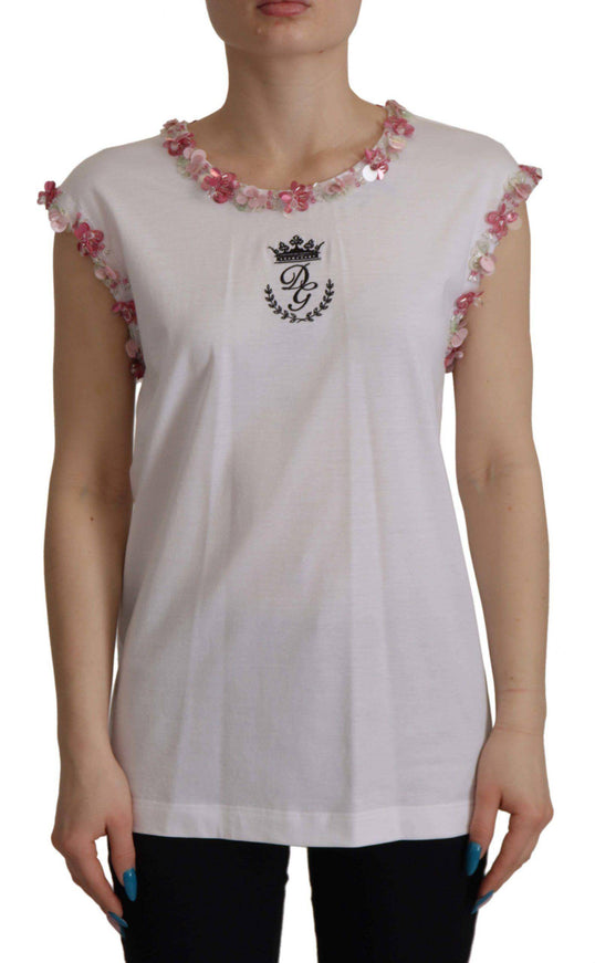 Dolce & Gabbana White DG Crown Floral Sequin T-shirt - Ellie Belle