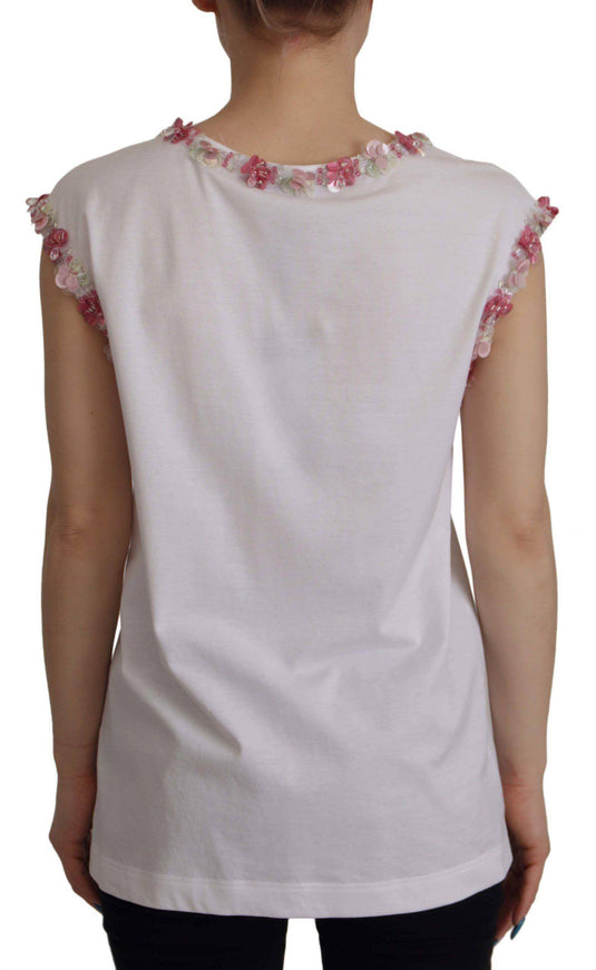 Dolce & Gabbana White DG Crown Floral Sequin T-shirt - Ellie Belle