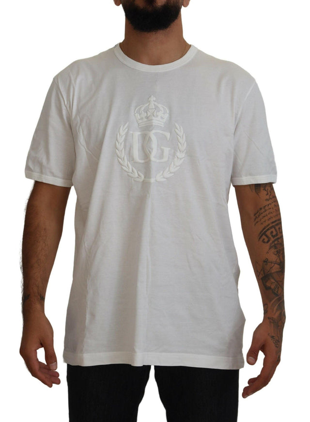 Dolce & Gabbana White DG Crown Print Crewneck Men T-shirt - Ellie Belle