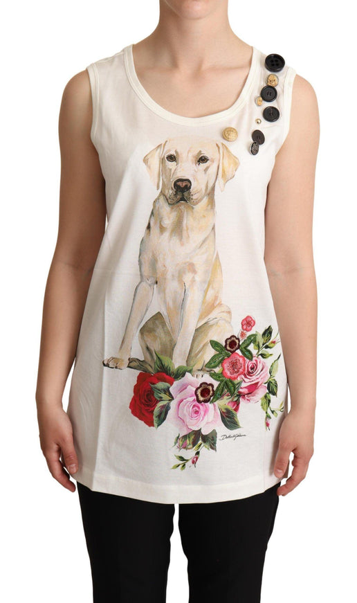 Dolce & Gabbana White Dog Floral Print Embellished T-shirt - Ellie Belle