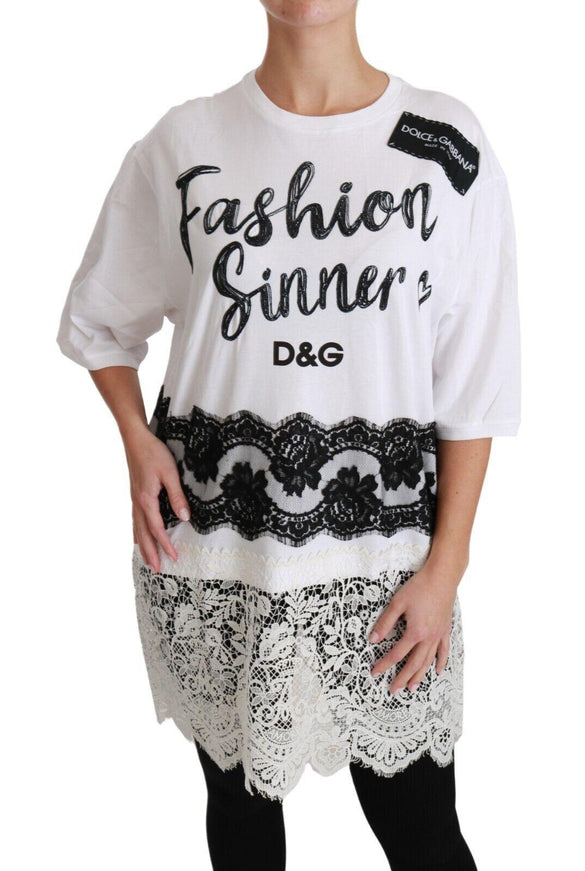 Dolce & Gabbana White Fashion Sinner Cotton Lace T-shirt Top - Ellie Belle