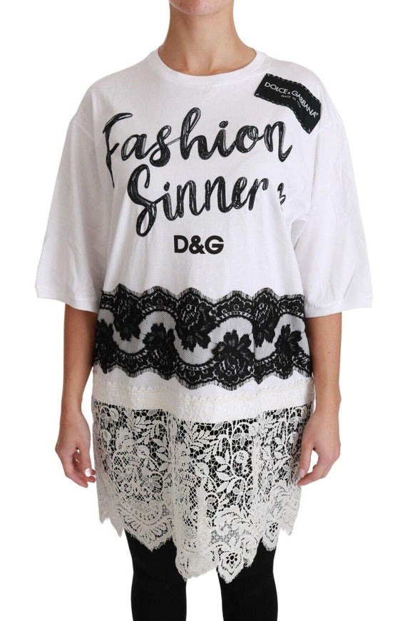 Dolce & Gabbana White Fashion Sinner Cotton Lace T-shirt Top - Ellie Belle