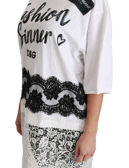 Dolce & Gabbana White Fashion Sinner Cotton Lace T-shirt Top - Ellie Belle