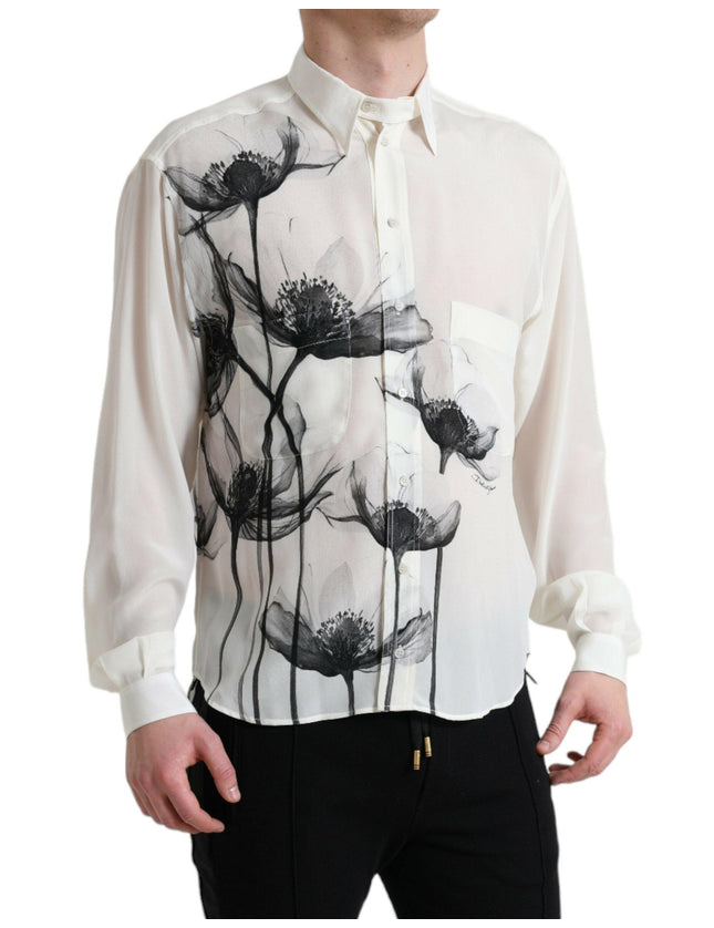 Dolce & Gabbana White Floral Collared Dress Silk Shirt - Ellie Belle