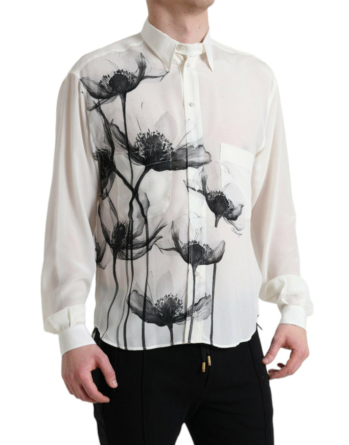 Dolce & Gabbana White Floral Collared Dress Silk Shirt - Ellie Belle