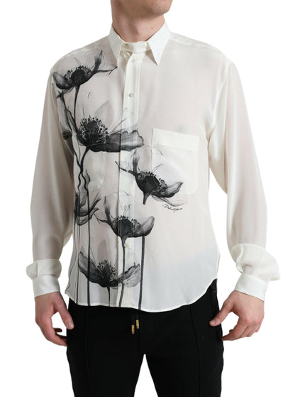 Dolce & Gabbana White Floral Collared Dress Silk Shirt - Ellie Belle