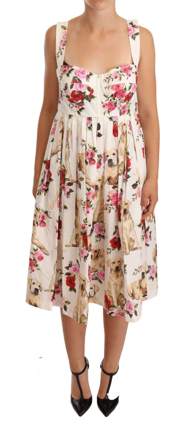 Dolce & Gabbana White Floral Dog Print Cotton Pleated Gown Dress - Ellie Belle