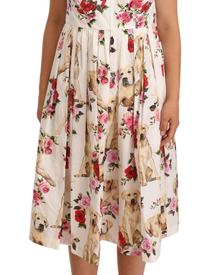 Dolce & Gabbana White Floral Dog Print Cotton Pleated Gown Dress - Ellie Belle