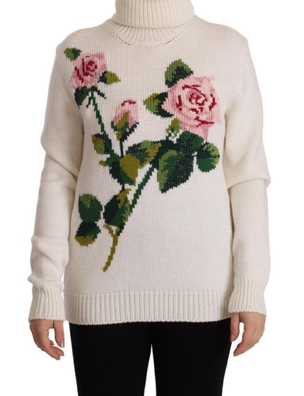 Dolce & Gabbana White Floral Knitted Turtle Neck Pullover Sweater - Ellie Belle