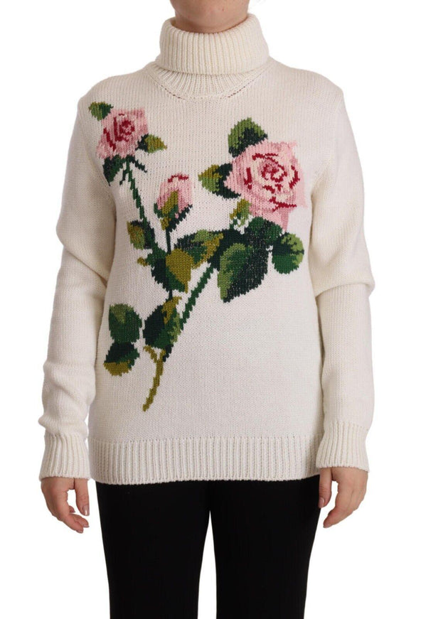 Dolce & Gabbana White Floral Knitted Turtle Neck Pullover Sweater - Ellie Belle