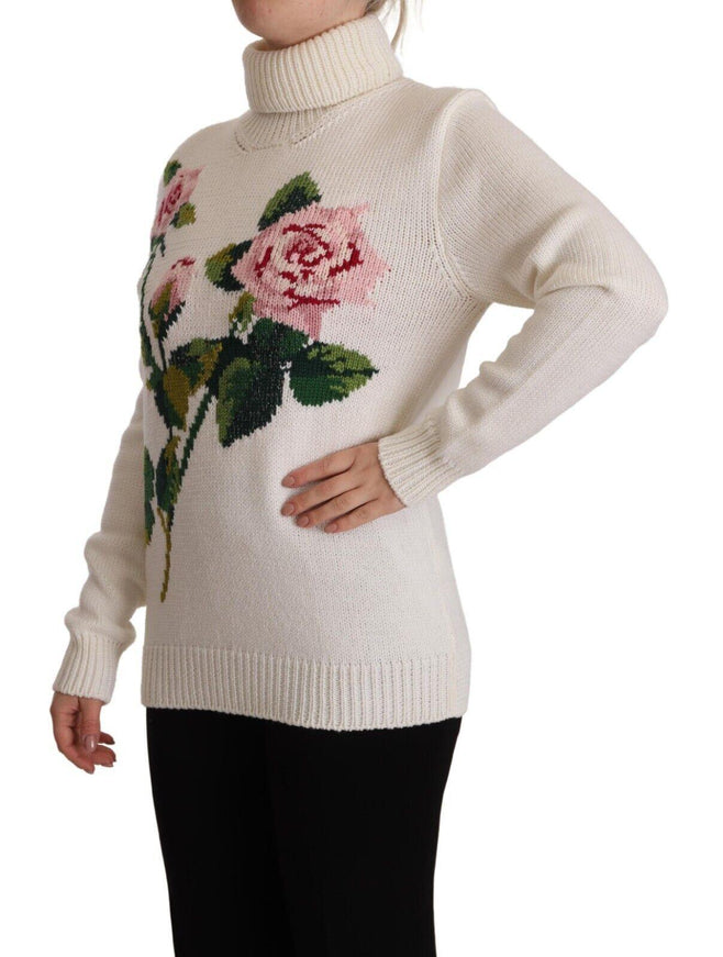 Dolce & Gabbana White Floral Knitted Turtle Neck Pullover Sweater - Ellie Belle