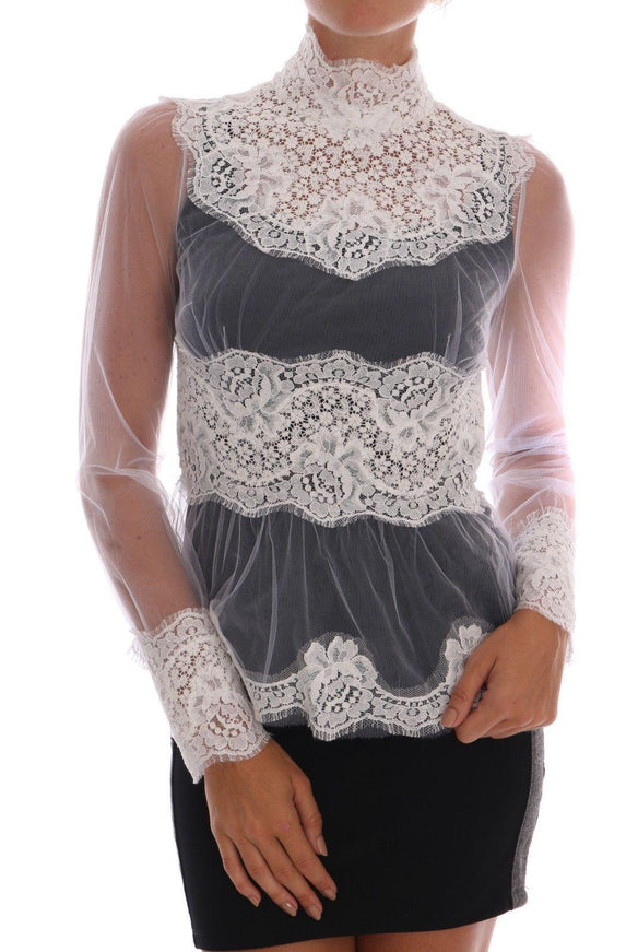 Dolce & Gabbana White Floral Lace Blouse Mock Neck Top - Ellie Belle