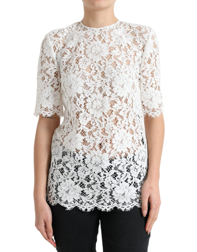 Dolce & Gabbana White Floral Lace Cotton Round Neck Blouse Top - Ellie Belle