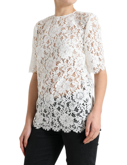 Dolce & Gabbana White Floral Lace Cotton Round Neck Blouse Top - Ellie Belle