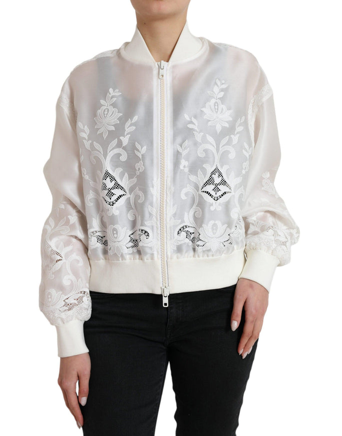 Dolce & Gabbana White Floral Lace Silk Full Zip Bomber Jacket - Ellie Belle