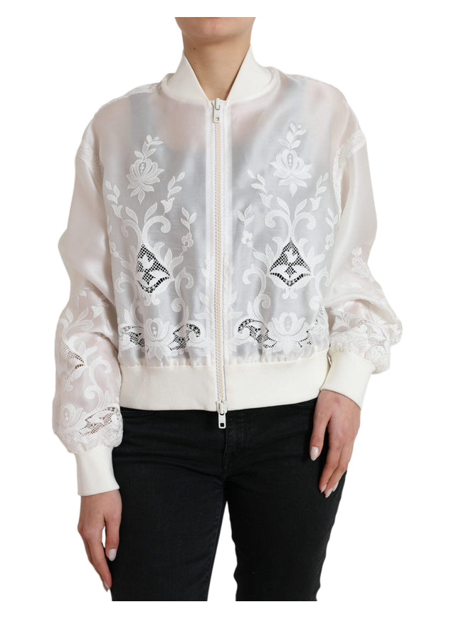 Dolce & Gabbana White Floral Lace Silk Full Zip Bomber Jacket - Ellie Belle