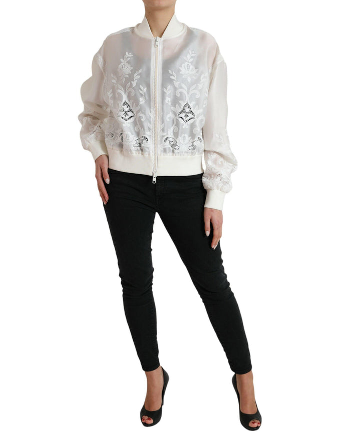 Dolce & Gabbana White Floral Lace Silk Full Zip Bomber Jacket - Ellie Belle