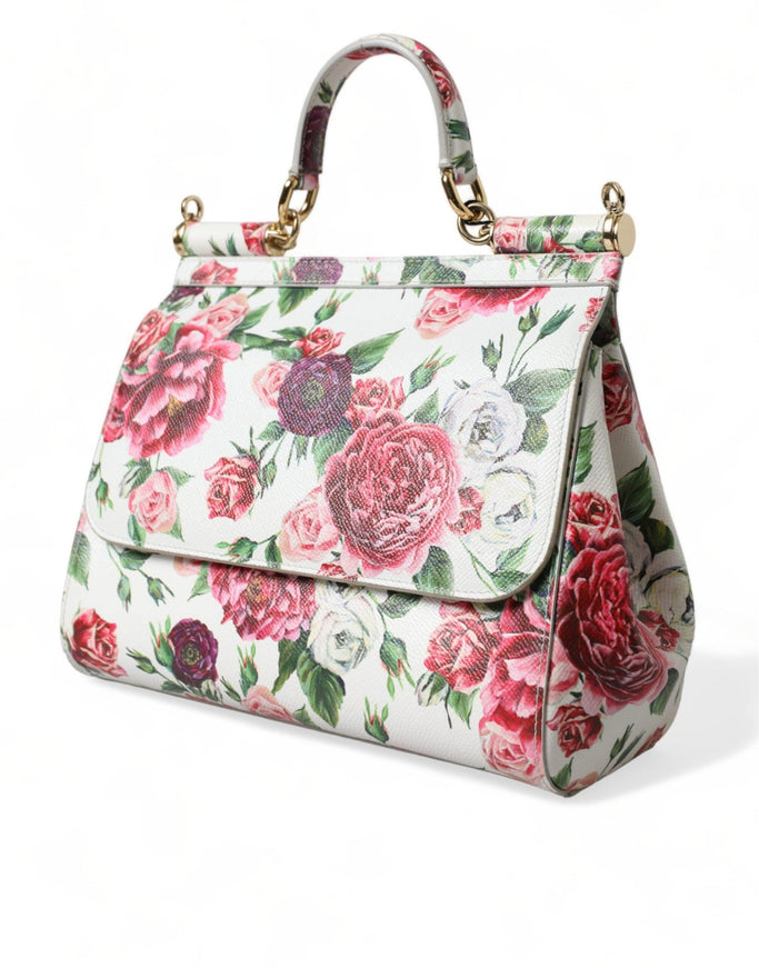 Dolce & Gabbana White Floral Leather Top Handle Shoulder Satchel SICILY Bag - Ellie Belle