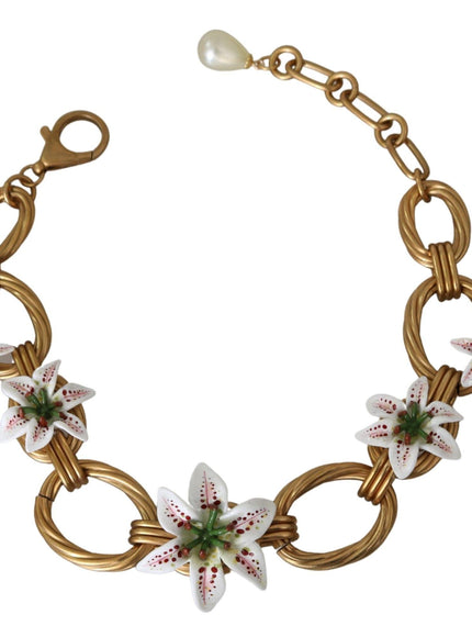 Dolce & Gabbana White Floral Pendant Gold Chain Brass Pearl Necklace - Ellie Belle