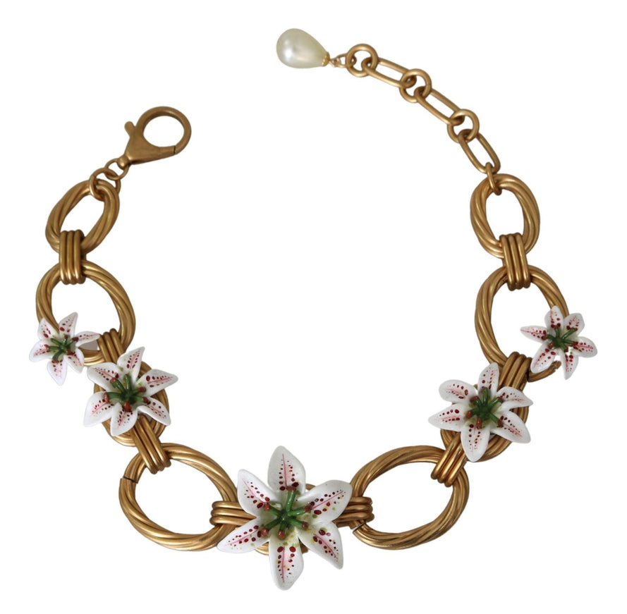 Dolce & Gabbana White Floral Pendant Gold Chain Brass Pearl Necklace - Ellie Belle