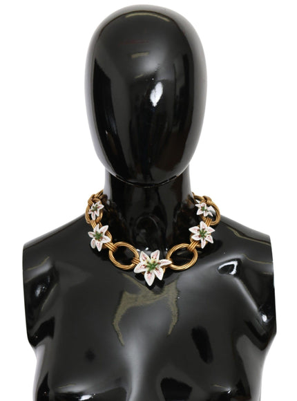 Dolce & Gabbana White Floral Pendant Gold Chain Brass Pearl Necklace - Ellie Belle