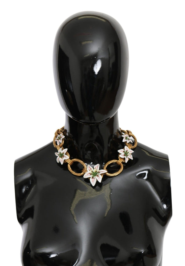 Dolce & Gabbana White Floral Pendant Gold Chain Brass Pearl Necklace - Ellie Belle