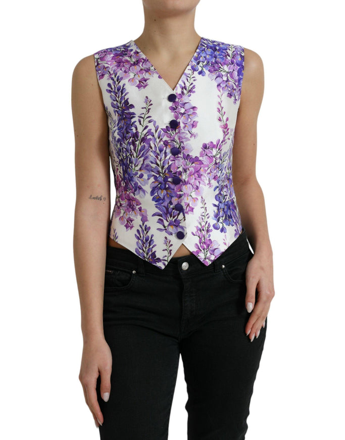 Dolce & Gabbana White Floral Print Silk Waistcoat Vest Top - Ellie Belle