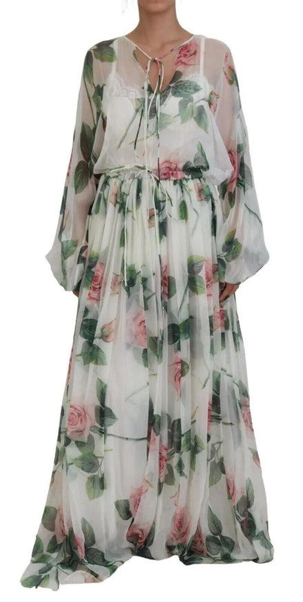 Dolce & Gabbana White Floral Roses Silk Maxi Gown Dress - Ellie Belle